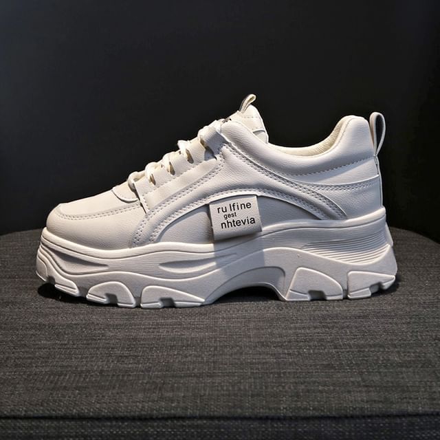 Faux Lace-Up Plain Platform Sneakers Leather