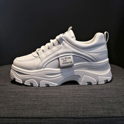 Faux Lace-Up Plain Platform Sneakers Leather