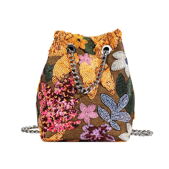 Sequin Embroidered Strap Leaf Faux Studded Chain Bucket / Bag