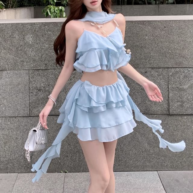 Camisole A-Line Mini Tiered Crop Skirt Ruffle / High Plain Top Waist