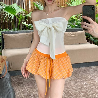 Drawstring Waist Skirt A-Line Bow / Top Balloon Tube Mini Plain Plaid