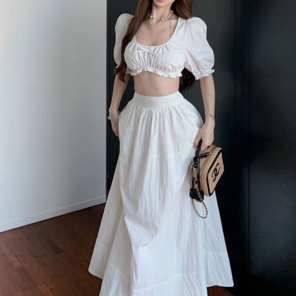 Neck Plain A-Line Bow / Frill Skirt Maxi Sleeveless Crop High Scoop Rise Blouse