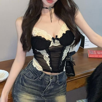 Camisole Bow Lace Mesh Top Panel