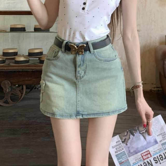 Applique Washed A-Line Mini Skirt Denim High Butterfly Rise