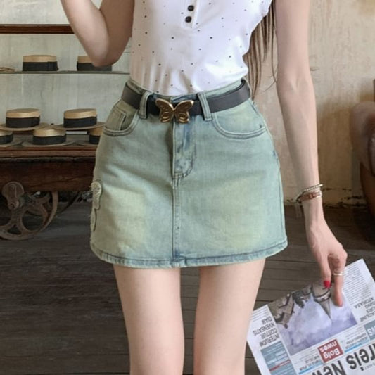 Applique Washed A-Line Mini Skirt Denim High Butterfly Rise