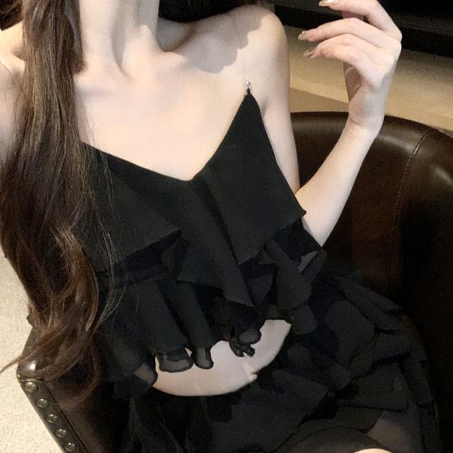 Camisole A-Line Mini Tiered Crop Skirt Ruffle / High Plain Top Waist