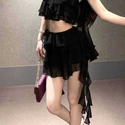 Camisole A-Line Mini Tiered Crop Skirt Ruffle / High Plain Top Waist