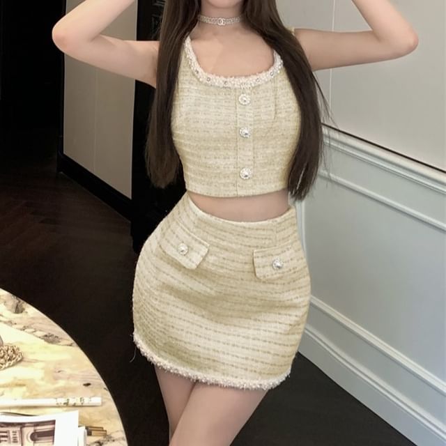 Sleeveless Mini Neck Waist Pencil High Tweed Skirt Scoop Set: Faux Beaded + Crop Top Pearl Button
