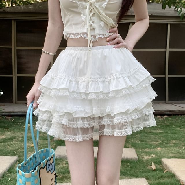 Panel High Skirt Tiered Lace A-Line Mini Waist Plain