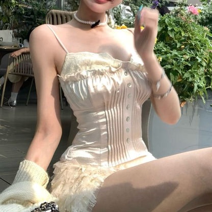 Mesh Top / Satin Plain Camisole Pointelle Shorts Button Tiered Lace Waist Panel High V-Neck Cardigan