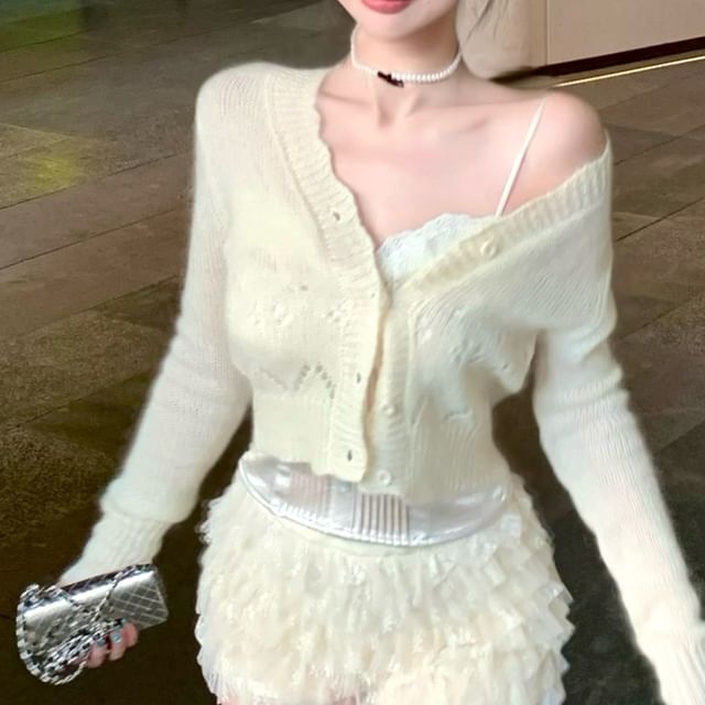 Mesh Top / Satin Plain Camisole Pointelle Shorts Button Tiered Lace Waist Panel High V-Neck Cardigan