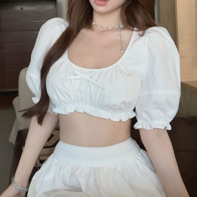 Neck Plain A-Line Bow / Frill Skirt Maxi Sleeveless Crop High Scoop Rise Blouse