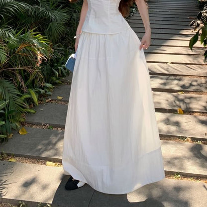 Neck Plain A-Line Bow / Frill Skirt Maxi Sleeveless Crop High Scoop Rise Blouse