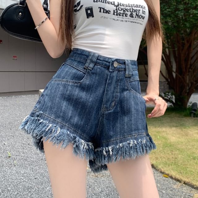 Shorts High Fringe Washed Denim Waist