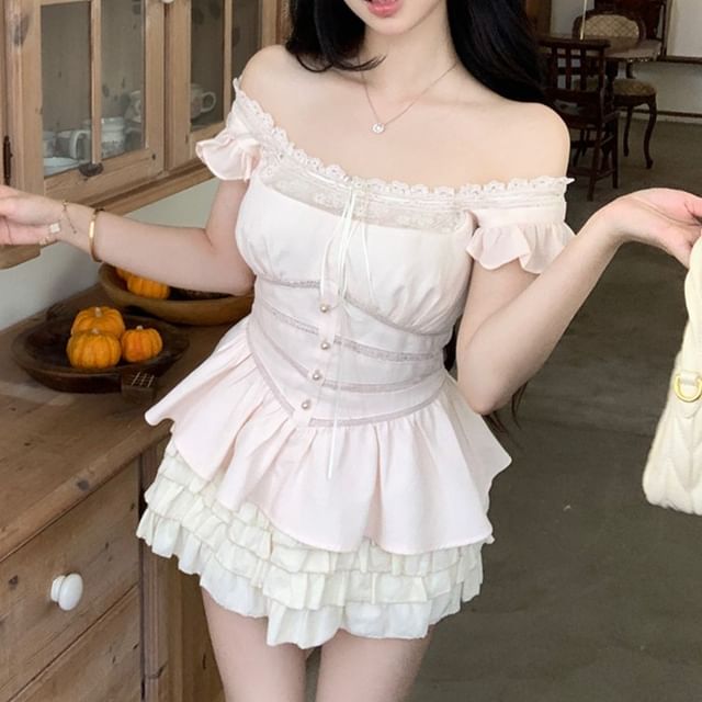 Ruffle Bow Panel Blouse Neck Plain Lace Sleeveless Square