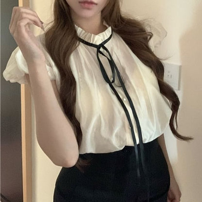 Sleeve Collar Plain Bow Cap / Waist Shorts High Blouse Stand Frill