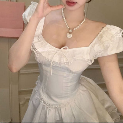 Sleeve Blouse Lace Ruffle Mini A-Line Skirt / Waist Plain Neck Square Cap Trim Bow High