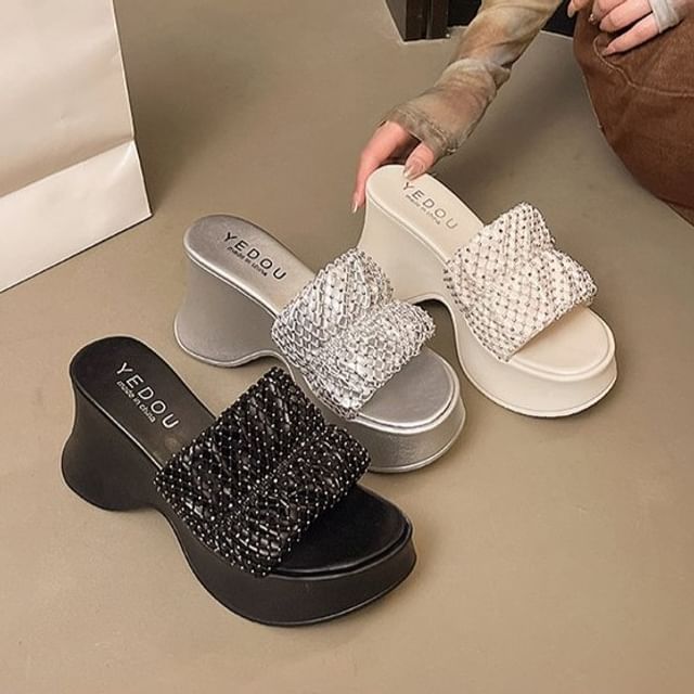 Sandals Slide Platform Rhinestone Wedge Heel