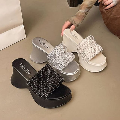 Sandals Slide Platform Rhinestone Wedge Heel