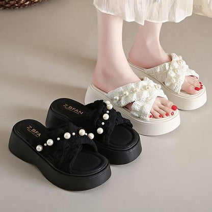 Pearl Criss Platform Faux Slide Sandals Cross