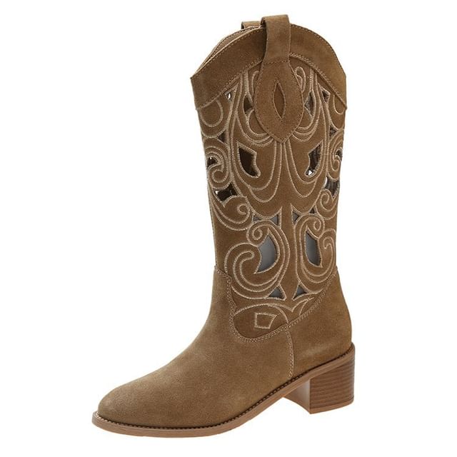 Mid-Calf Embroidered Chunky Boots Heel Cutout