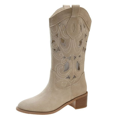 Mid-Calf Embroidered Chunky Boots Heel Cutout