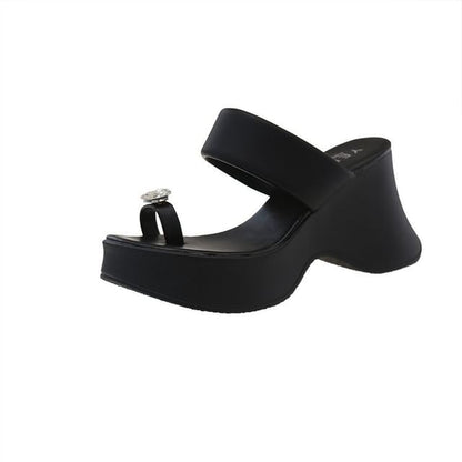 Toe Wedge Loop Platform Slide Rhinestone Heel Sandals