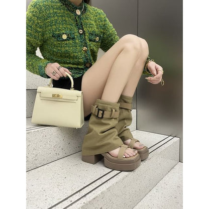 Chunky Buckled Set: Heel Warmers Slingback Platform Leg Sandals +