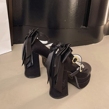 Jane Chunky Mary Heel Platform Shoes Embroidered Bow