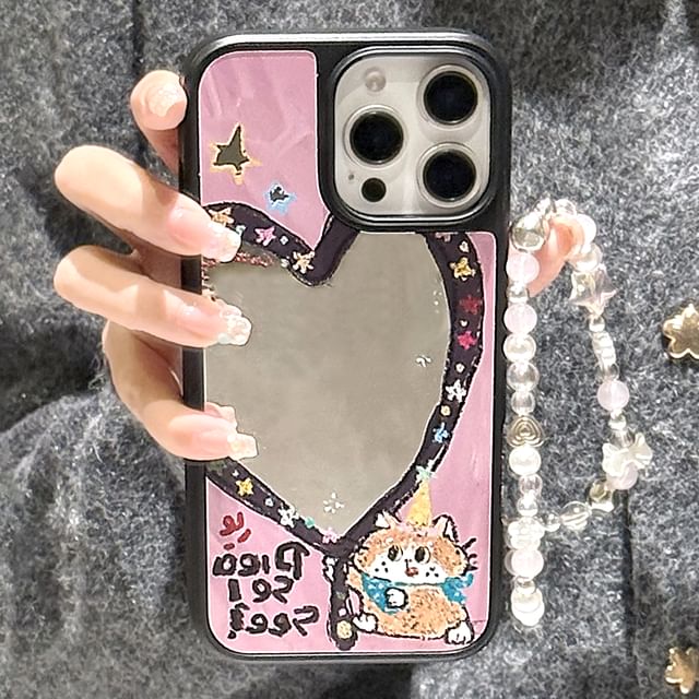 Heart Shape Mirror Phone Case / Star Bead Phone Strap / Set