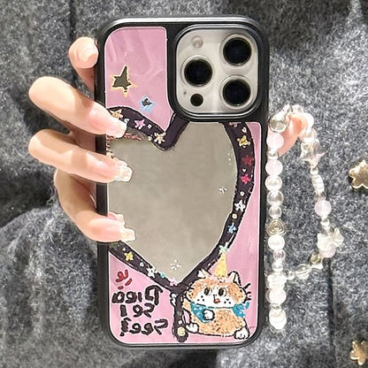 Heart Shape Mirror Phone Case / Star Bead Phone Strap / Set