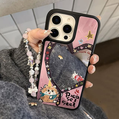 Heart Shape Mirror Phone Case / Star Bead Phone Strap / Set