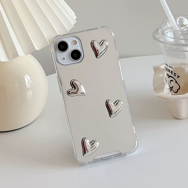 Phone Mirrored Decoration with Heart Adhesive Set Case / Strap