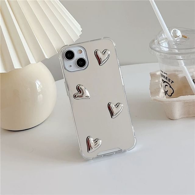 Mirrored Phone Case with Heart Adhesive Decoration / Heart Strap / Set