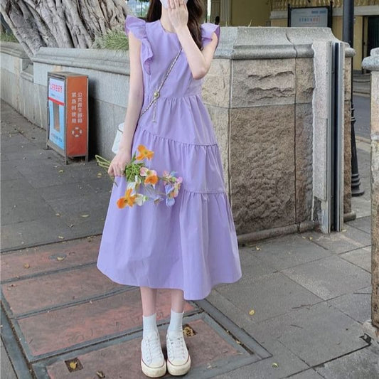 Tiered Ruffle Midi Round Cap-Sleeve Plain Dress A-Line Neck Trim