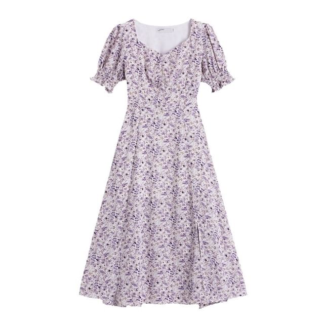 Dress A-Line Midi Puff-Sleeve Slit Floral