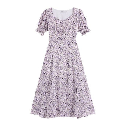 Dress A-Line Midi Puff-Sleeve Slit Floral