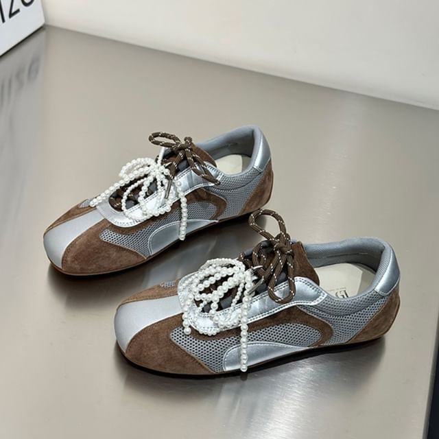 Panel Bow Toe Mesh Sneakers Beaded Square