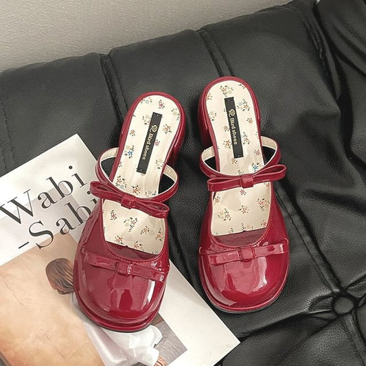 Mary Mules Heel Block Leather Bow Jane Patent