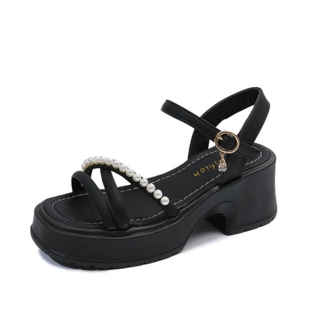 Platform Sandals Block Pearl Heel Faux