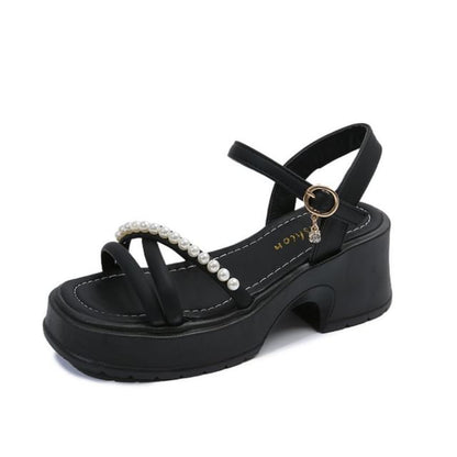Platform Sandals Block Pearl Heel Faux