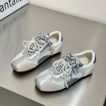 Panel Bow Toe Mesh Sneakers Beaded Square