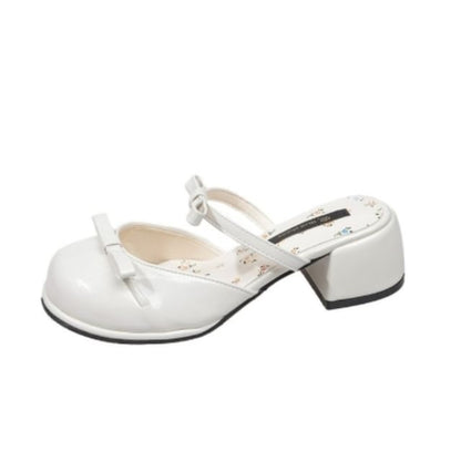 Mary Mules Heel Block Leather Bow Jane Patent