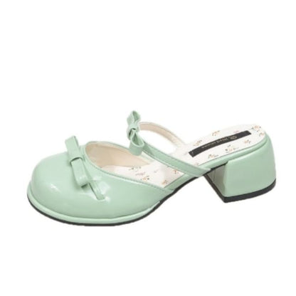 Mary Mules Heel Block Leather Bow Jane Patent