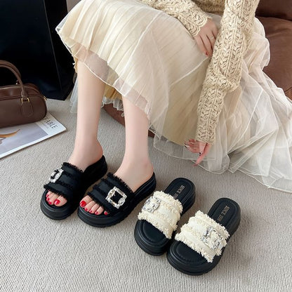 Sandals Trim Fringed Slide Buckled Platform Rhinestone