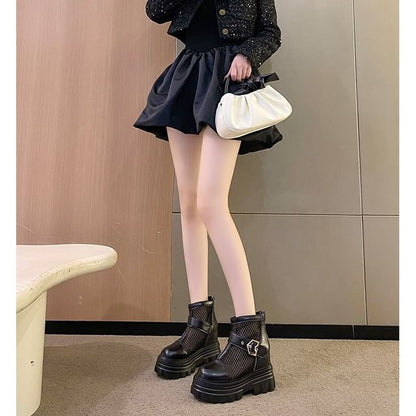 Buckled Short Panel Platform Chunky Boots Heel Mesh