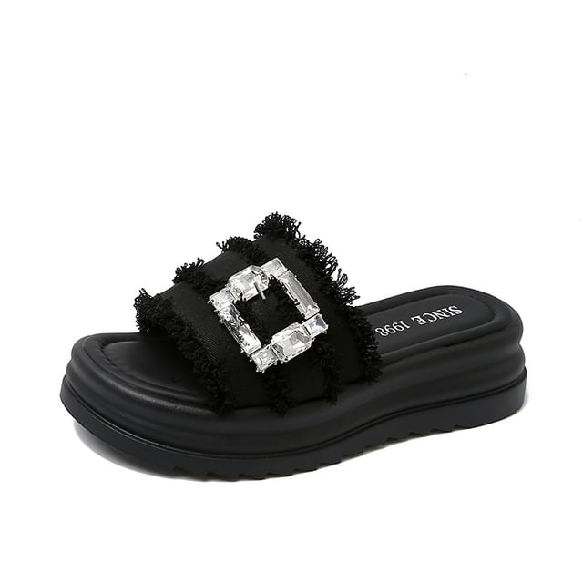 Sandals Trim Fringed Slide Buckled Platform Rhinestone