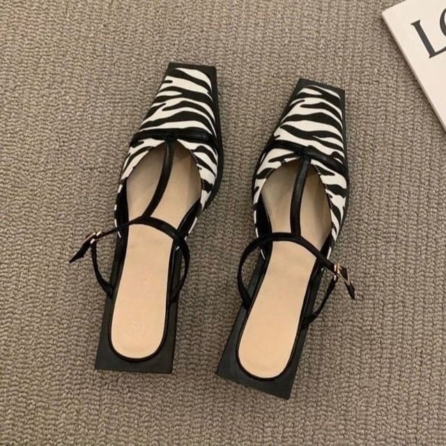 Mules Toe Chunky Heel T-Strap Square