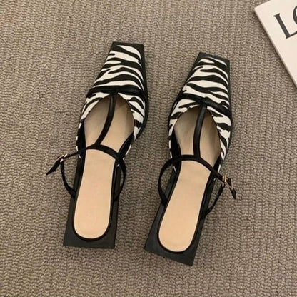 Mules Toe Chunky Heel T-Strap Square