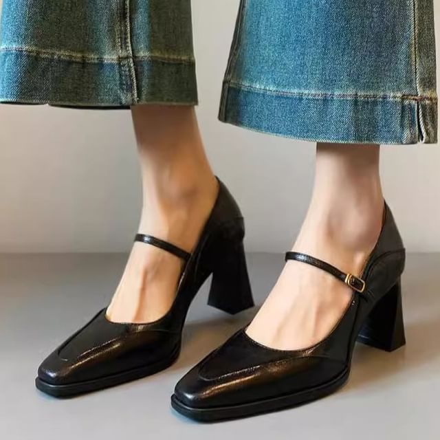 Mary Heel Chunky Faux Jane Shoes Leather